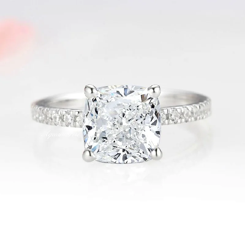 ladies engagement rings cartier-3CT Cushion Cut Diamond/ Moissanite Engagement Ring- 14K White Gold