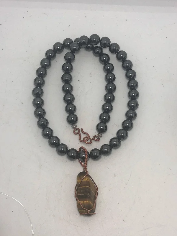 ladies necklaces lightweight design-20inch Hematite Beaded necklace with Tigers Eye Wirewrapped Pendant