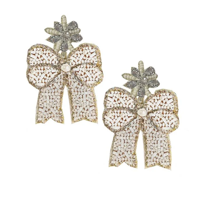 ladies earrings halo-Earrings - Pearl Beaded Glitzy Bow Earrings