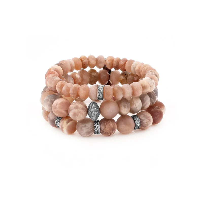 Ladies bracelets hanbok shine -Spring Sands Stack - Sunstone, Peach Moonstone & Diamond Bead Bracelet Stack BNDL6