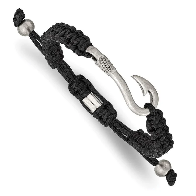 Ladies bracelets quiet elegance -Stainless Steel Brushed Fishing Hook Black Nylon Adjustable Bracelet