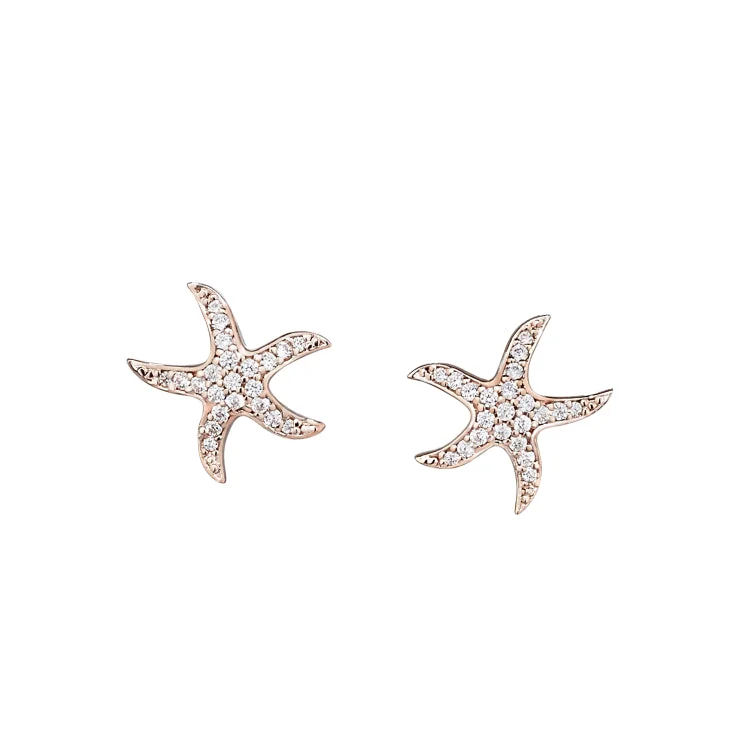 ladies earrings special occasion-Rose Gold Vermeil Sterling Silver Micropave Starfish Earrings with Simulated Diamonds