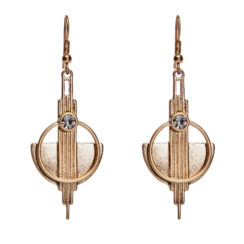 ladies earrings summer-Vintage Art Deco Earrings: Brass Long Drop Earrings