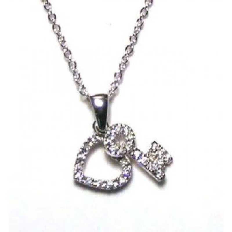 ladies necklaces name-Silver 925 Clear CZ Rhodium Plated Heart-Key Entwined Pendant Necklace - STP00010