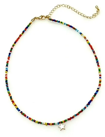 ladies necklaces yellow gold-Beaded Necklace with Star Pendant - Multi colors