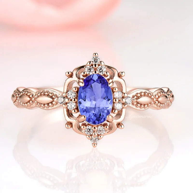 ladies engagement rings princess-Claire Vintage Natural Tanzanite Engagement Ring- 14K Solid Rose Gold