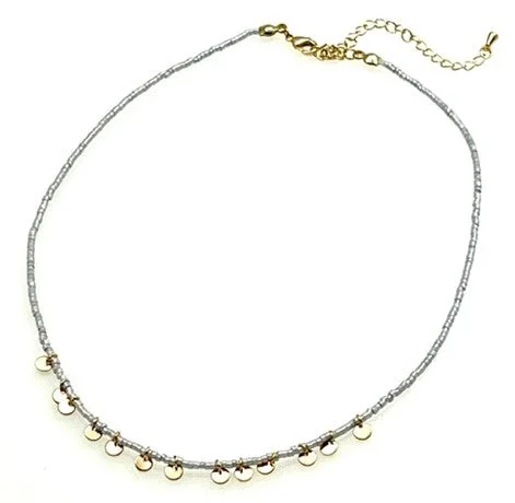 ladies necklaces topaz-Beaded Necklace with Gold Sequins - Gray beads