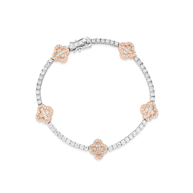 Ladies bracelets vow radiance -10k Rose Gold Baguette and Round Diamond Clover Tennis Bracelet