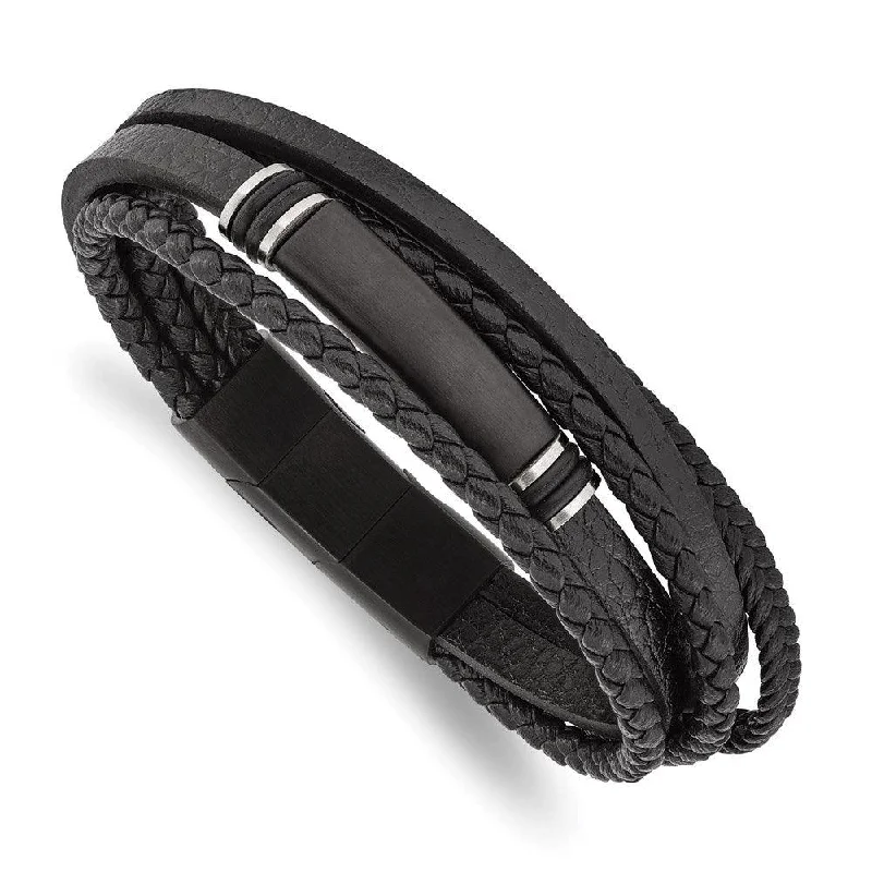 Ladies bracelets express shipping -Stainless Steel Brushed Black IP PU Leather/Rubber w/.5in ext 8in Bracelet