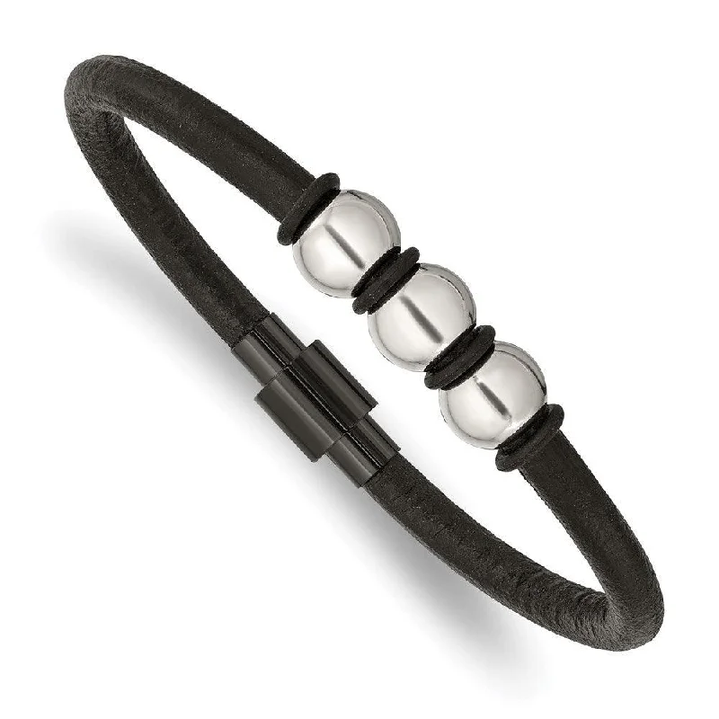 Ladies bracelets sakura glow -Stainless Steel Polished Black IP with Rubber Black Leather 8.5in Bracelet