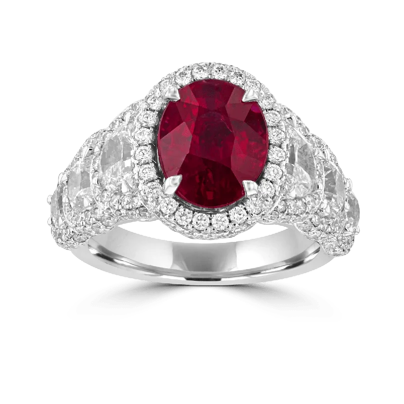 Ladies rings baguette glow -JULEVE 18KT 4.04 NO HEAT RUBY & 4.34 CTW DIAMOND HALO RING