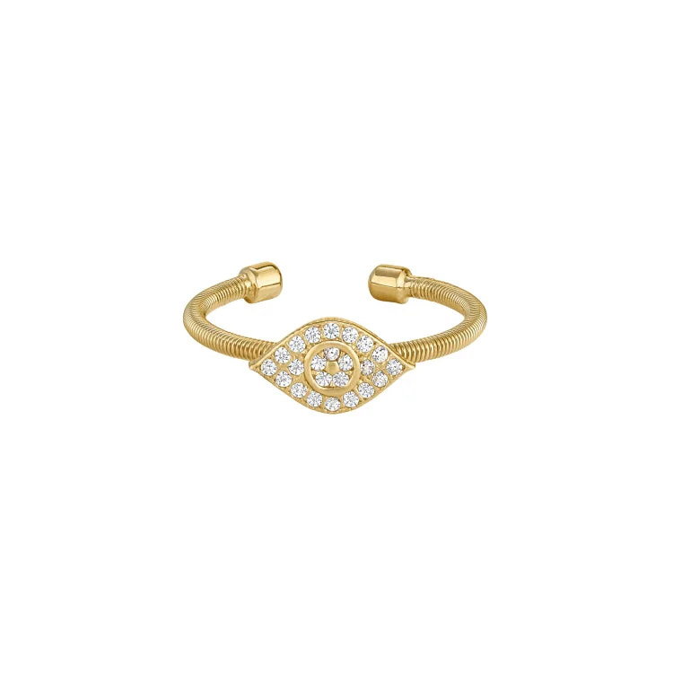 Ladies rings japanese glow -Gold Finish Sterling Silver Cable Cuff Evil Eye Ring with Simulated Diamonds