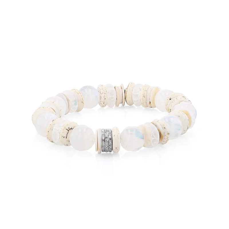 Ladies bracelets speckle charm -White Mix Bead Bracelet with 3 Diamond Rondelles - 10mm  B0003730