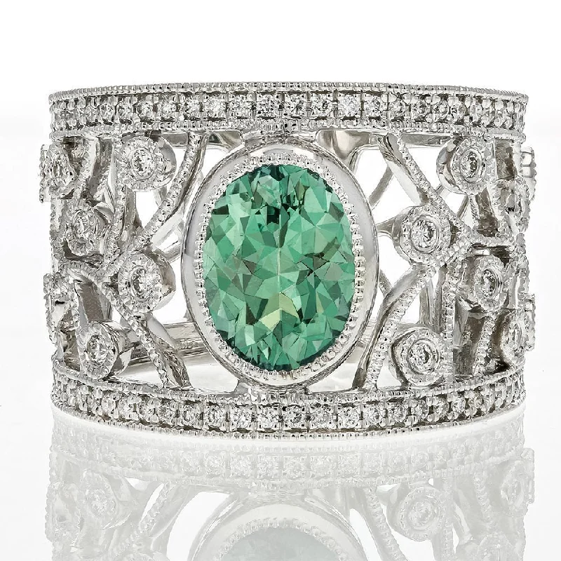 Ladies rings hawaiian glow -JULEVE TOURMALINE & DIAMOND FILIGREE RING