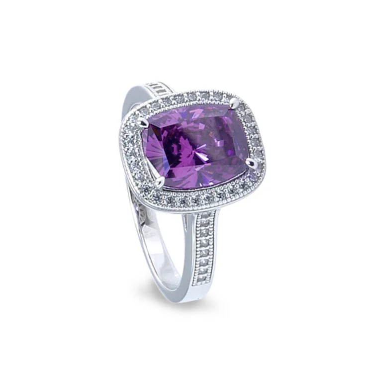 Ladies rings baroque charm -Platinum Finish Sterling Silver Micropave Ring with Simulated Amethyst and Simulated Diamonds