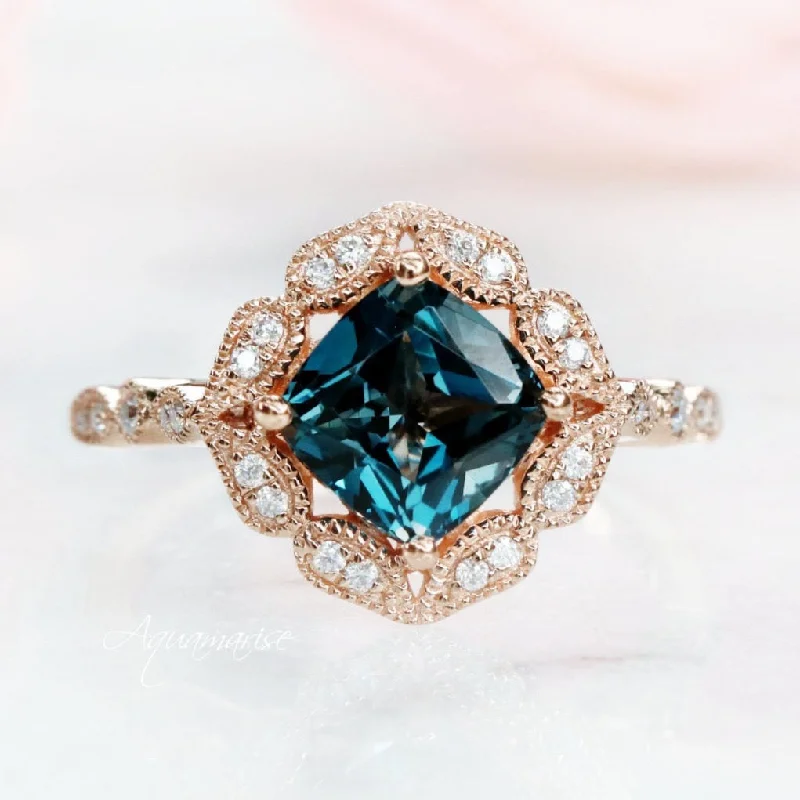 ladies engagement rings jared-Luxe Cushion Cut Natural London Blue Topaz Engagement Ring- 14K Solid Rose Gold