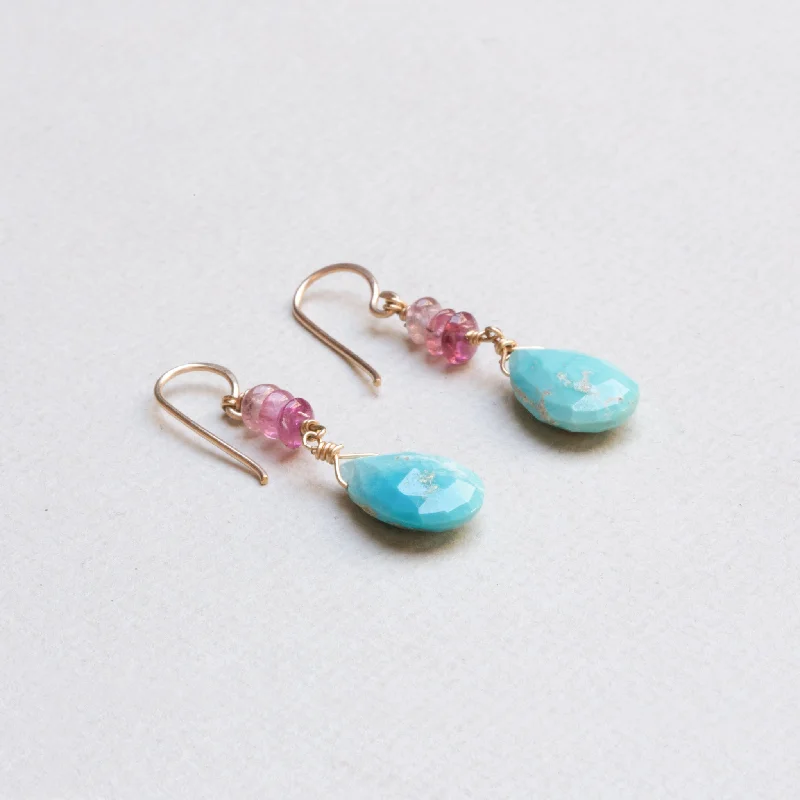 ladies earrings trending-Pink Tourmaline & Turquoise Drop Earrings