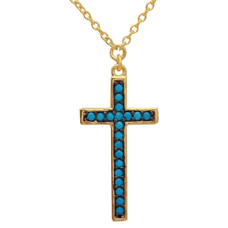 ladies necklaces understated-Silver 925 Gold Plated Turquoise Stone Cross Necklace - BGP01109