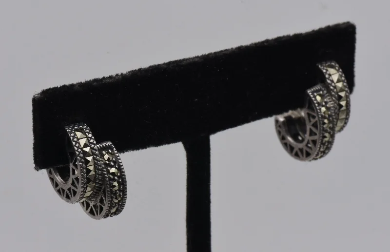 ladies earrings harmony-Vintage Sterling Silver and Marcasite Double 3/4 Hoop Earrings