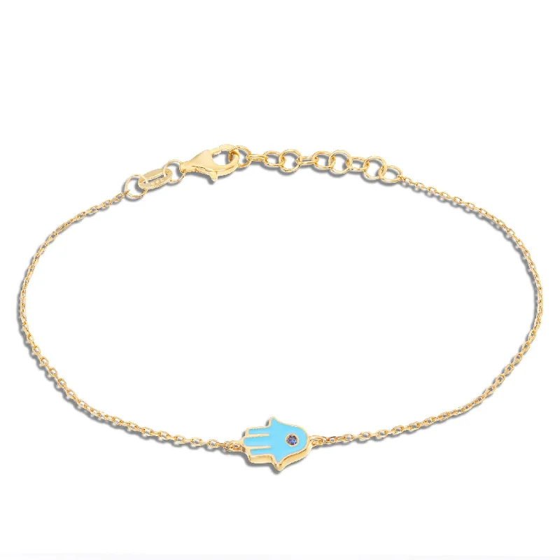 Ladies bracelets twin charm -14K Gold Blue Enamel Hamsa Charm Bracelet