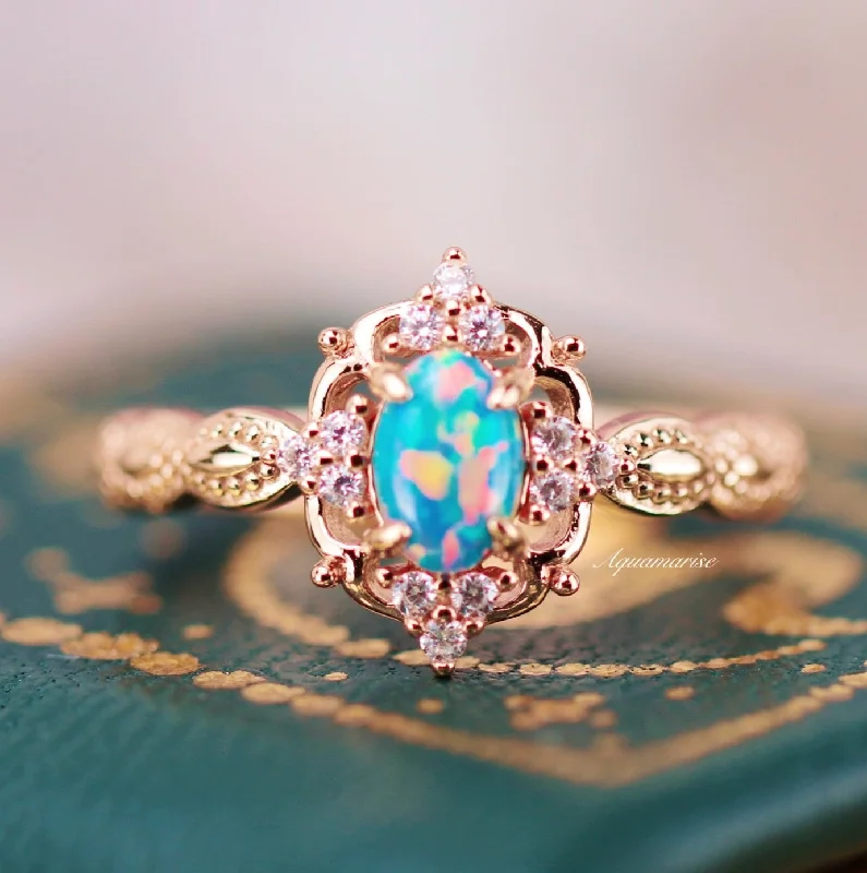 ladies engagement rings second hand-Vintage Blue Fire Opal Engagement Ring- 14K Solid Rose Gold