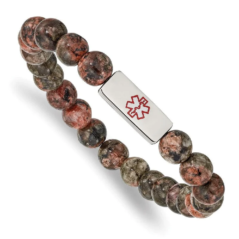 Ladies bracelets loop charm -Stainless Steel Polished Enamel Medical ID Poppy Jasper Stretch Bracelet