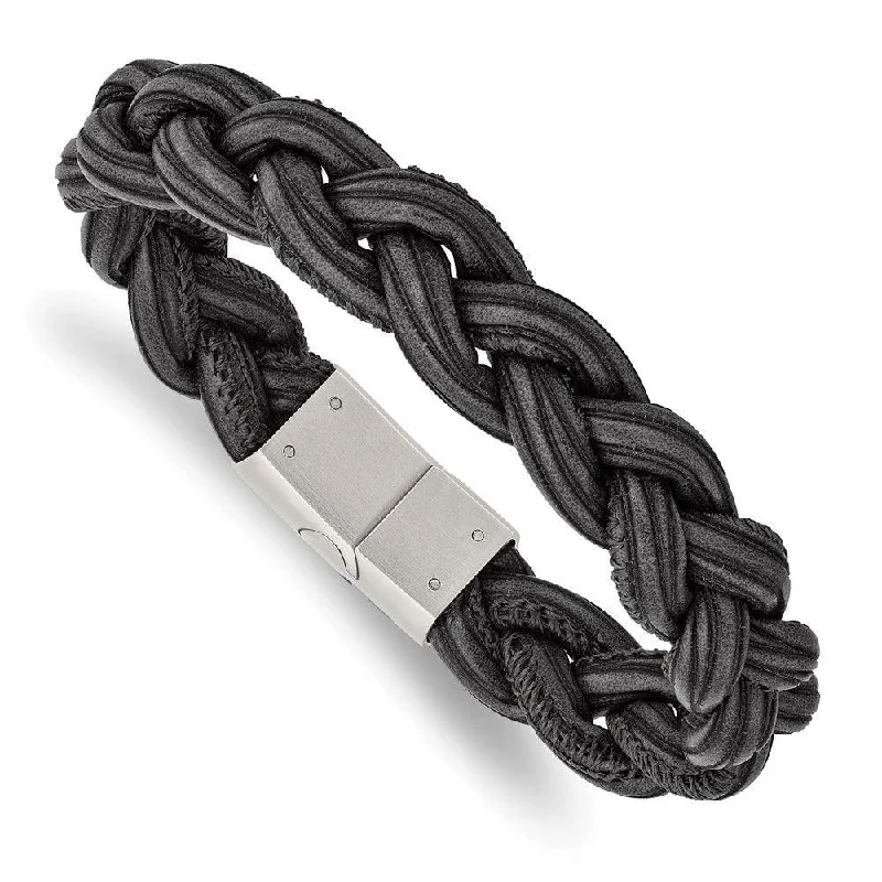 Ladies bracelets sunny glow -Stainless Steel Brushed Black Braided Faux Leather 8.25in Bracelet