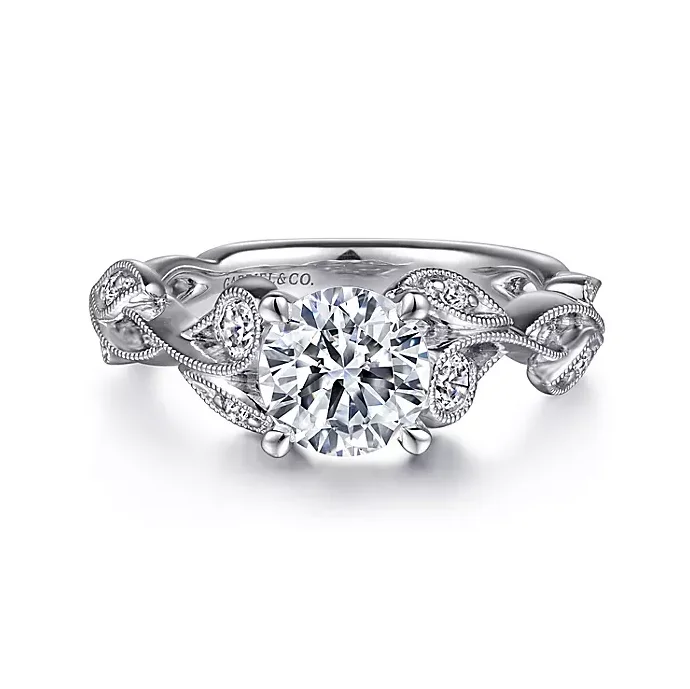 ladies engagement rings resale-Lena - 14K White Gold Floral Round Diamond Engagement Ring