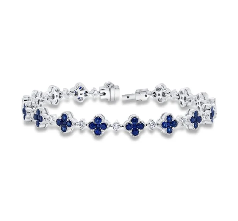 Ladies bracelets twin charm -Precious Diamonds and Oval Blue Sapphire Alternating Bracelet in 18K White Gold