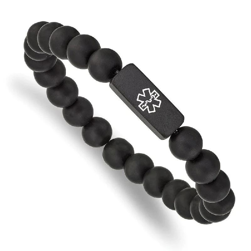 Ladies bracelets lasting shine -Stainless Steel Brushed Black-plated Medical ID Blk Agate Stretch Bracelet