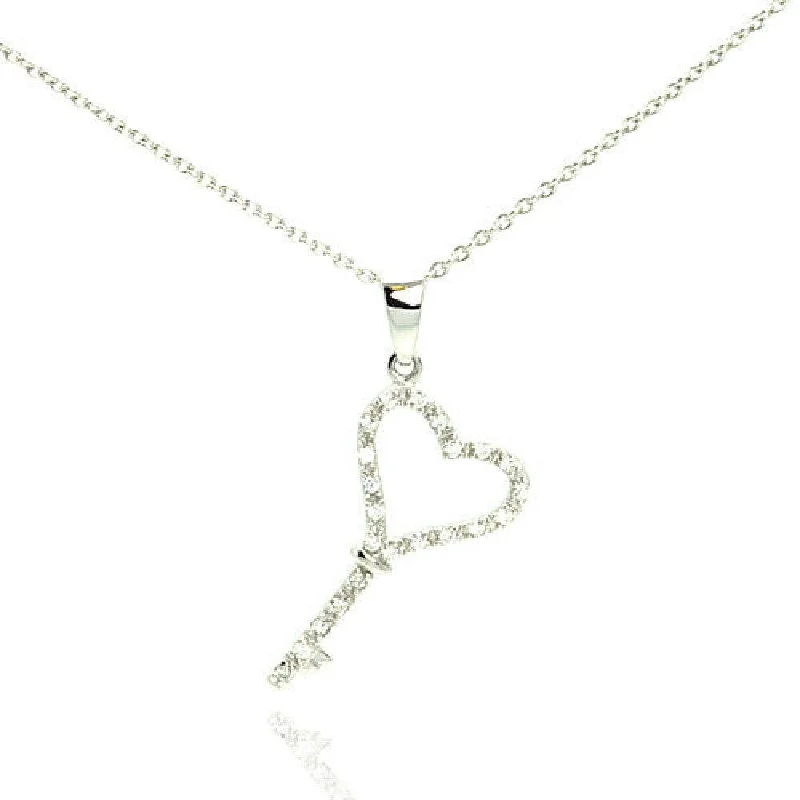 ladies necklaces yoga-Silver 925 Rhodium Plated Clear CZ Key Pendant Necklace - STP01000