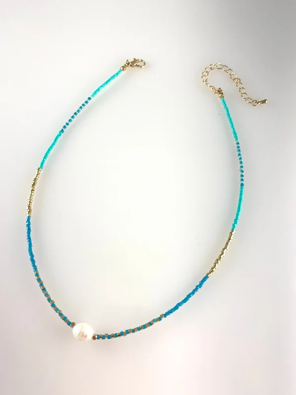 ladies necklaces kay-Turquoise Beaded Necklace with Pearl Pendant