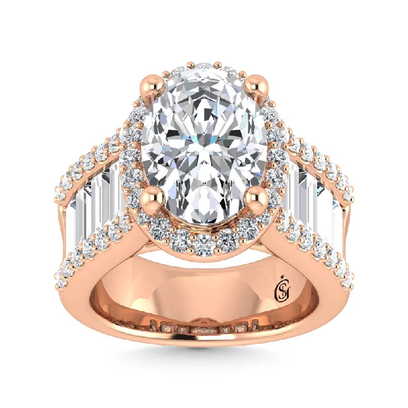 ladies engagement rings symbolic-14K Rose Gold Lab Grown Diamond 8 Ct.Tw. Round and Baguette Shank Engagement Ring (Oval Center)