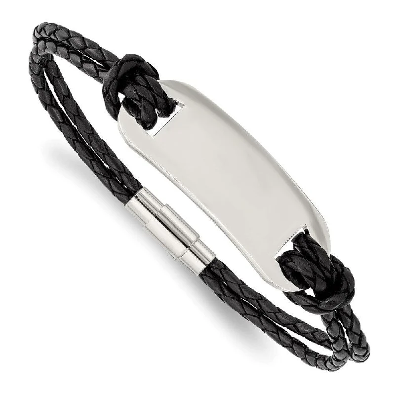 Ladies bracelets petal shine -Stainless Steel Polished ID and Black Woven Leather Bracelet