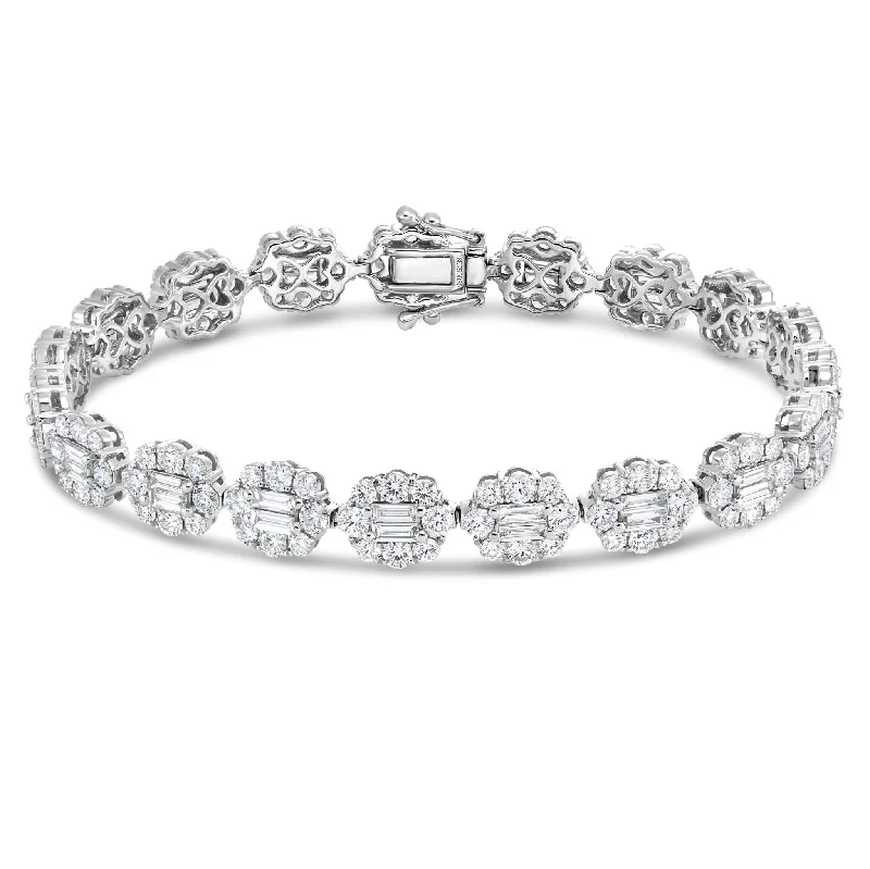 Ladies bracelets earth glow -18K White Gold 8.07ct Baguette Diamond Flower Cluster Bracelet