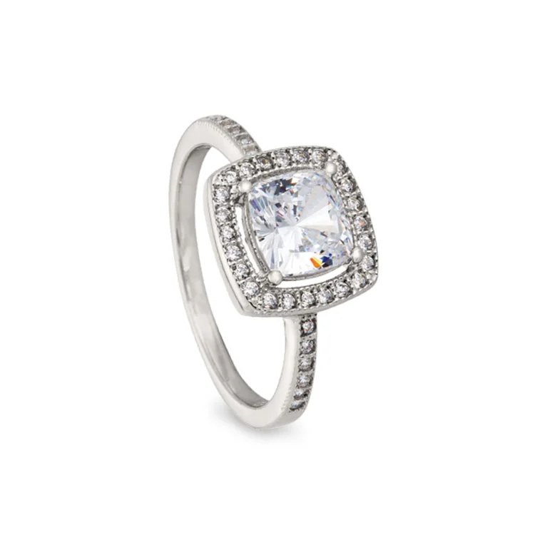 Ladies rings nordic glow -Platinum Finish Sterling Silver Micropave Cushion Cut Ring with 37 Simulated Diamonds