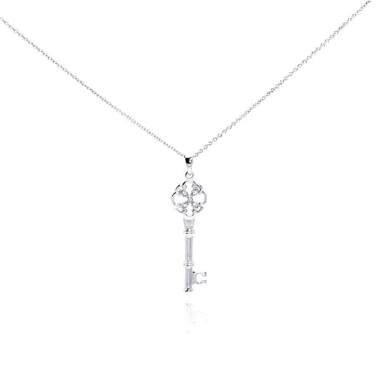 ladies necklaces glamorous-Silver 925 Rhodium Plated Clear CZ Key Pendant Necklace - STP00999