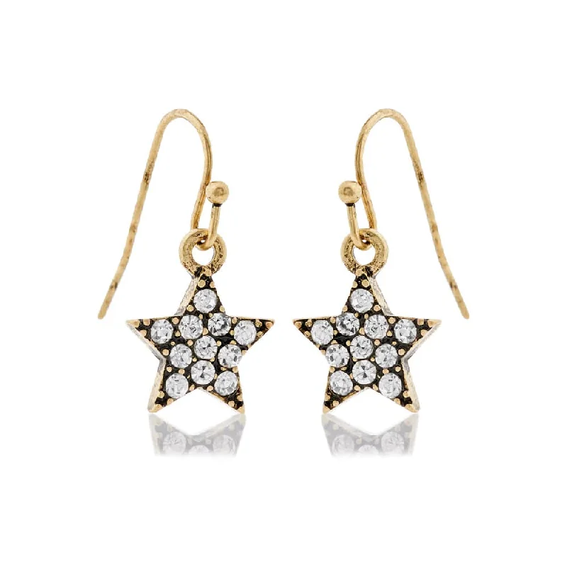 ladies earrings natural-Diamante Star Crystal Star Earrings: Vintage Style Brass Start Drop Earrings