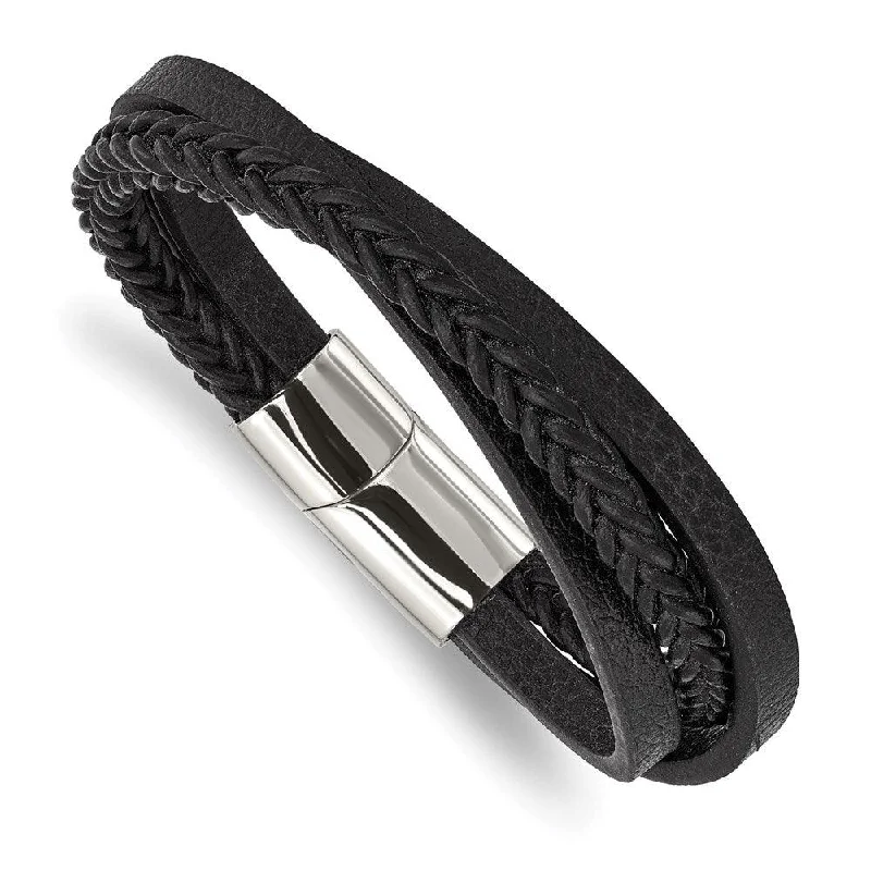 Ladies bracelets always radiance -Stainless Steel Polished Black Leather Multi-Strand 8.25in Bracelet