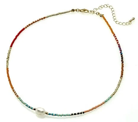 ladies necklaces antique-Beaded Necklace with Freshwater Pearl Pendant - Multi Colors