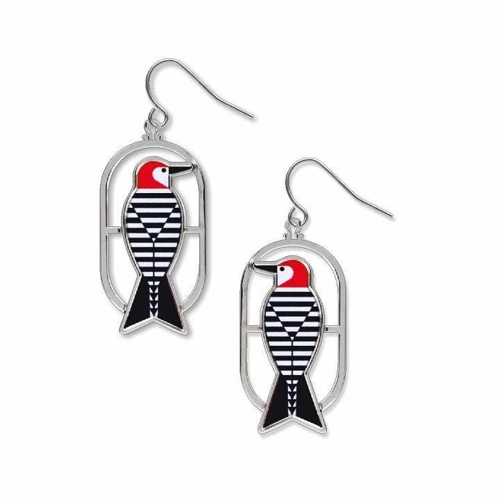 ladies earrings durable-Charley Harper Woodpecker Earrings