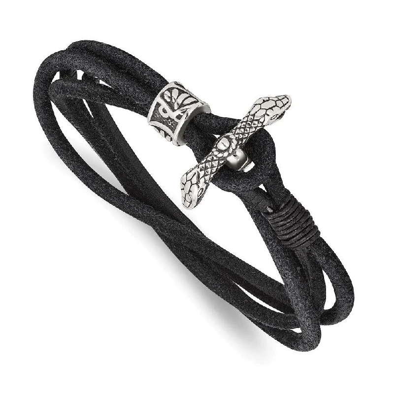 Ladies bracelets root charm -Stainless Steel Antiqued & Polished Snake Suede 16.5in Wrap Bracelet