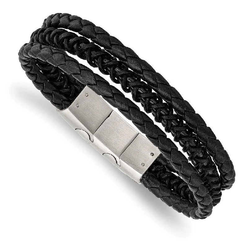 Ladies bracelets empire shine -Stainless Steel Brushed & Polished Black IP Leather w/.5in ext Bracelet