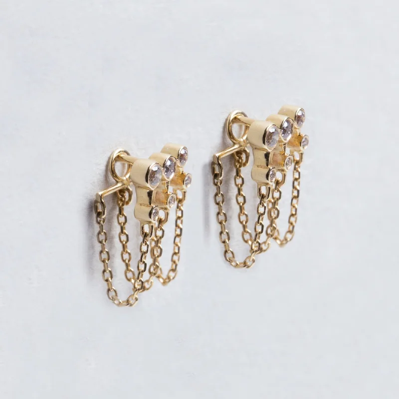 ladies earrings threader-Triple Chain Gold Earrings with Diamonds