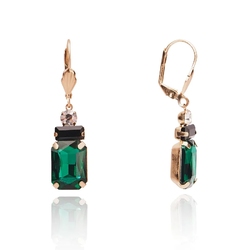 ladies earrings wire-Vintage Emerald Earrings: Art Deco Oblong Emerald Stone & Pearl Drop Earrings