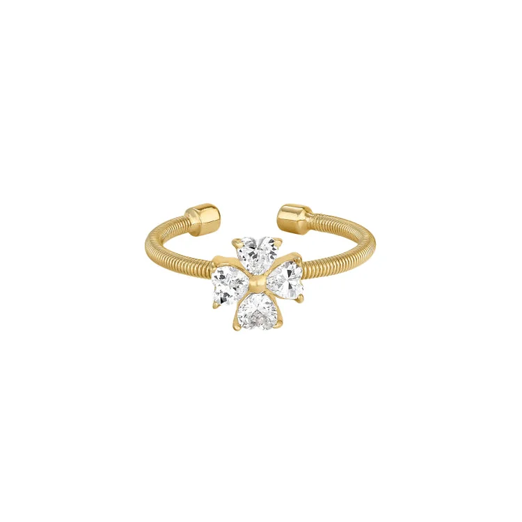 Ladies rings halo elegance -Gold Finish Sterling Silver Cable Cuff 4 Heart Shaped Stones Cross Ring with Simulated Diamonds